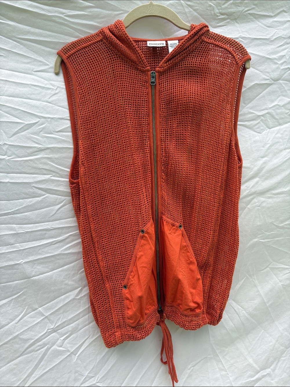 Chico's Bright Orange Hooded Sleeveless Knit Vest with Zip